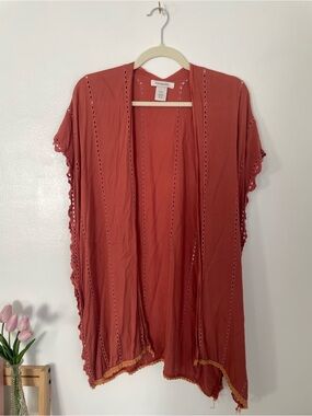 Francesca’s red orange short sleeve duster cardigan boho one size